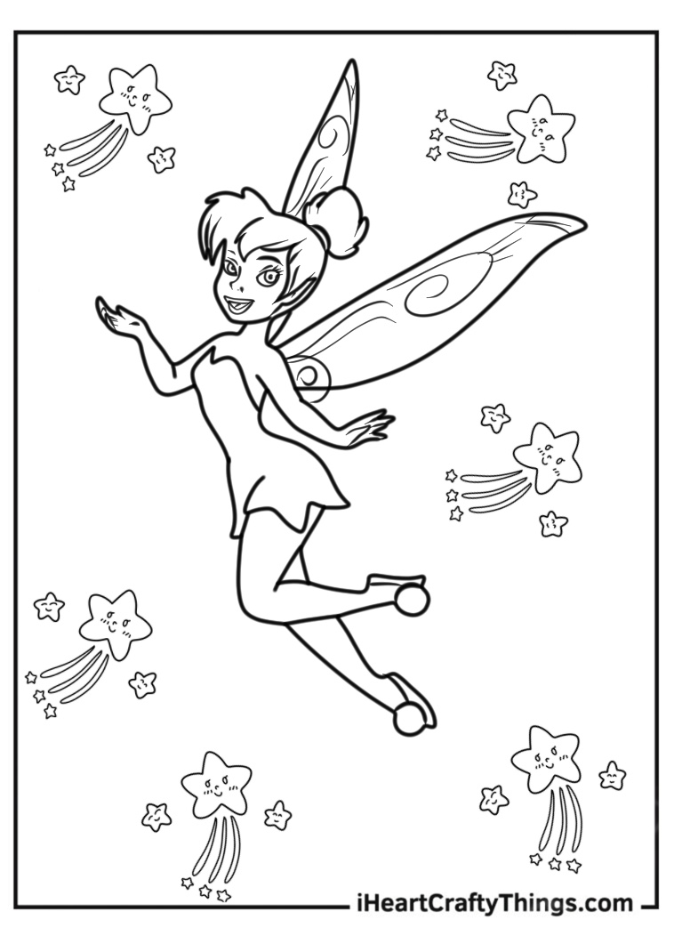 Coloring printable of a smiling fairy with pointed wings and shoes with pom-poms flying high surrounded by stars