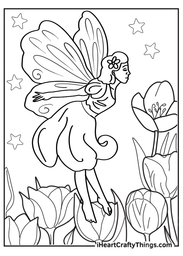 Free printable image for kids of a small fairy enjoying the scent of flowers with stars in the background