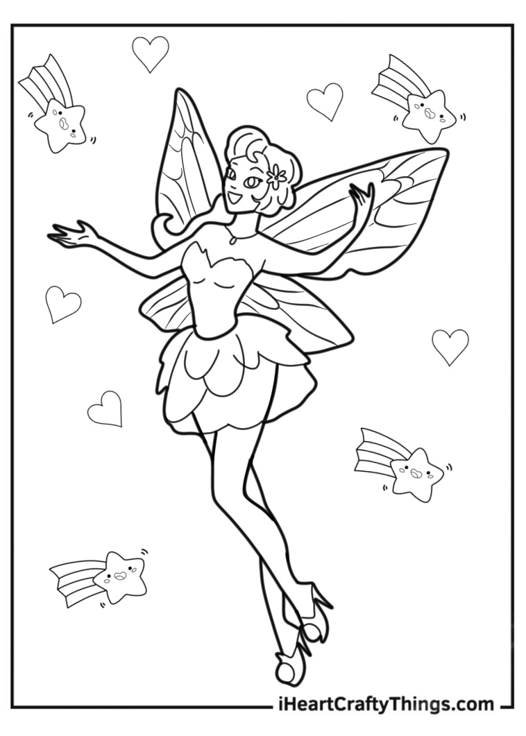 Coloring poster of a jouful fairy with beautiful butterfly wings flying surrounded by hearts and stars