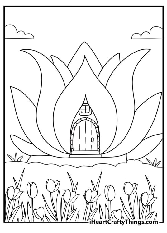 Fairy house shaped like tulip bloom fantasy coloring printable