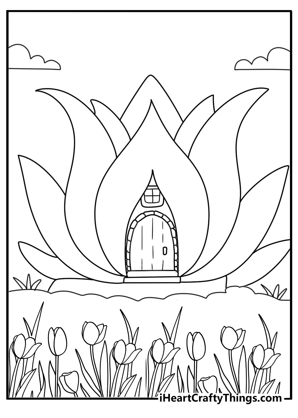 Fairy house shaped like tulip bloom fantasy coloring printable