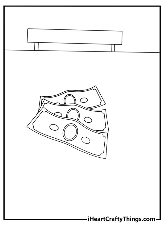 Fake money coloring pages with play bills spread across a classroom desk