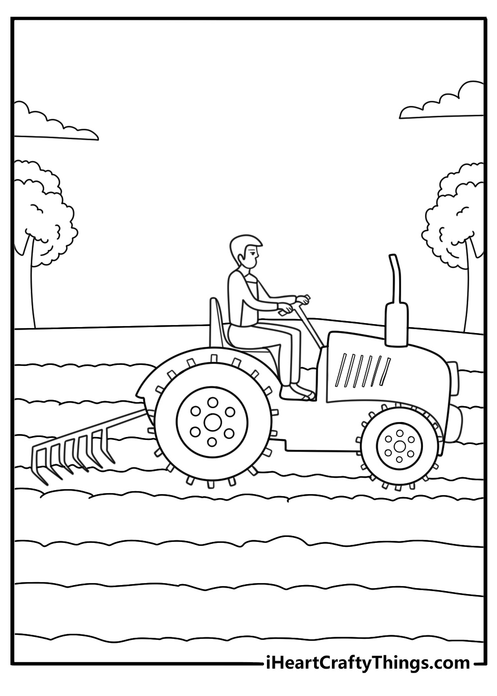 Farm tractor plowing soil coloring page printable pdf