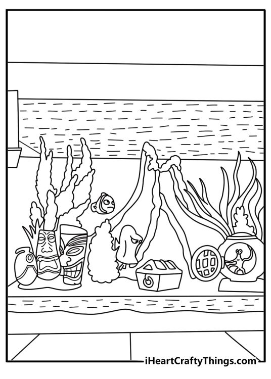 Fish tank filter and castle decor easy coloring page for kids