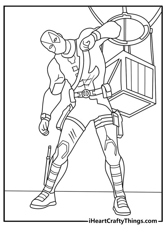Fortnite Deadpool coloring page with the hero dancing near a supply crate