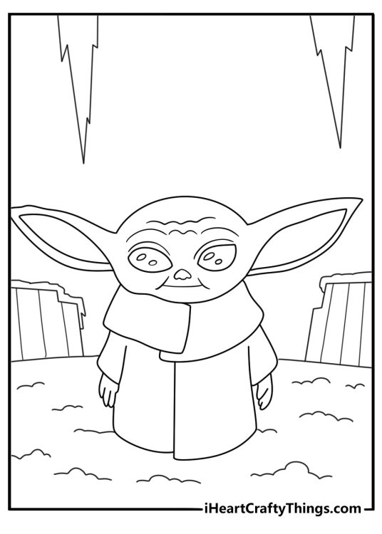 Free Baby Yoda coloring pages coloring page featuring a snowy cave entrance
