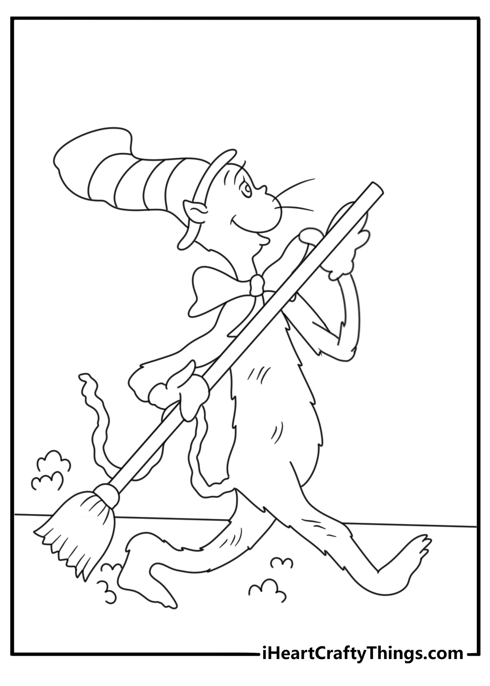 Free Cat In The Hat printable showing the Cat sweeping the floor with a broom