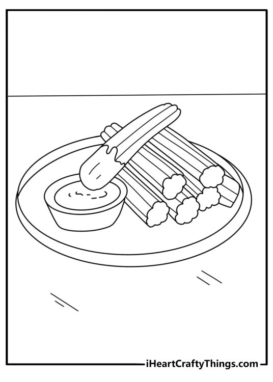 Free Cinco De Mayo coloring page with churros and hot chocolate on a tray