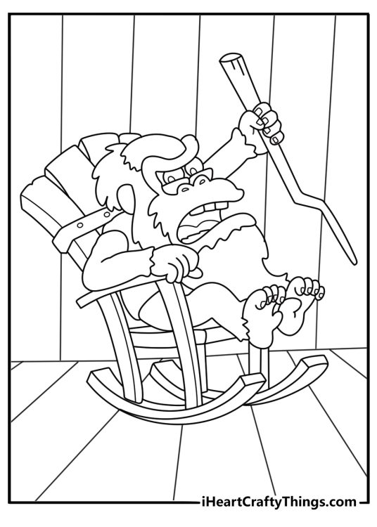 Free Donkey Kong coloring page of Cranky Kong rocking in a chair with cane