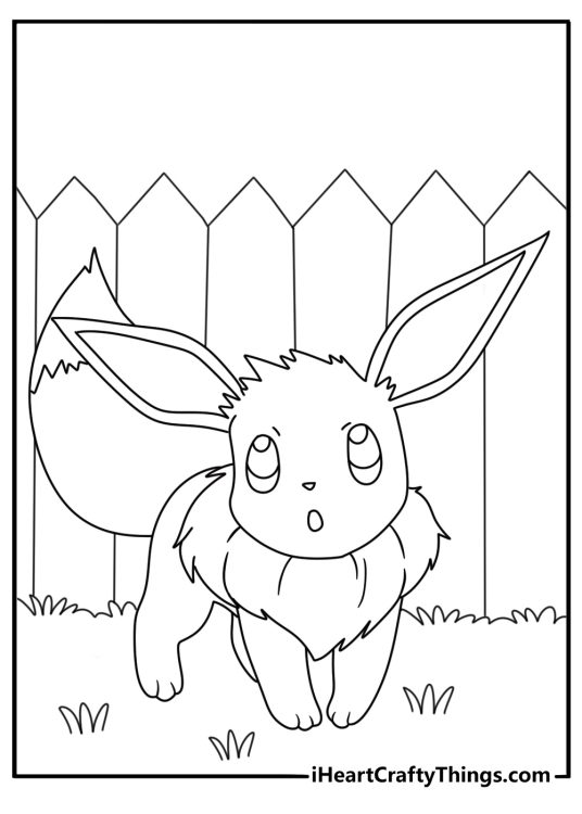 Free Eevee coloring pages printable with Eevee near a wooden fence