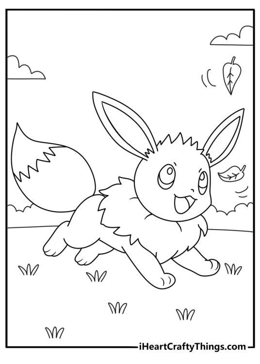 Free Eevee printable of Eevee chasing a falling leaf