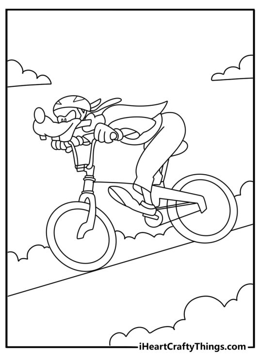 Free Goofy printable coloring page of Goofy riding a bicycle down a path