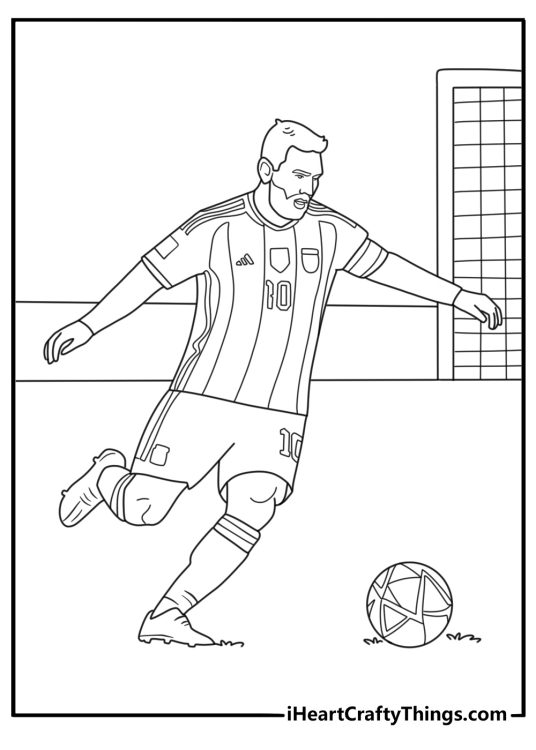 Free Lionel Messi coloring page with Messi doing a nutmeg on a defender