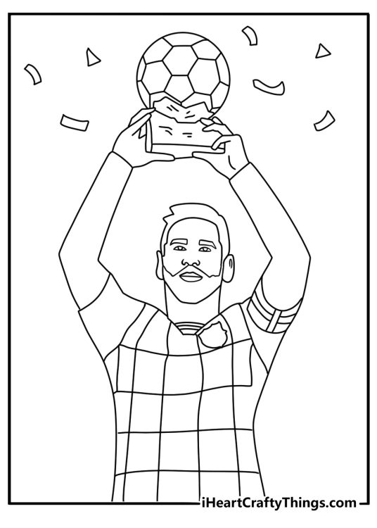 Free Lionel Messi printable of Messi lifting a soccer trophy above his head