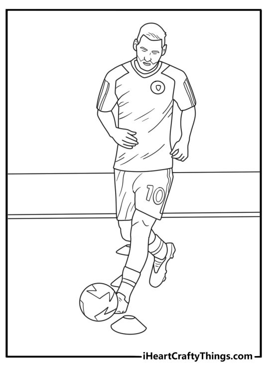 Free Messi printable with Messi practicing close control around small cones
