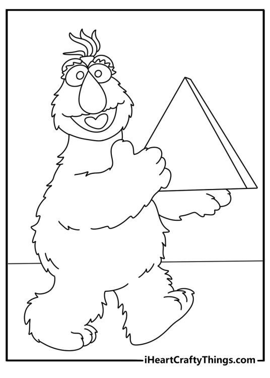Free Sesame Street coloring sheet featuring Telly with a triangle instrument