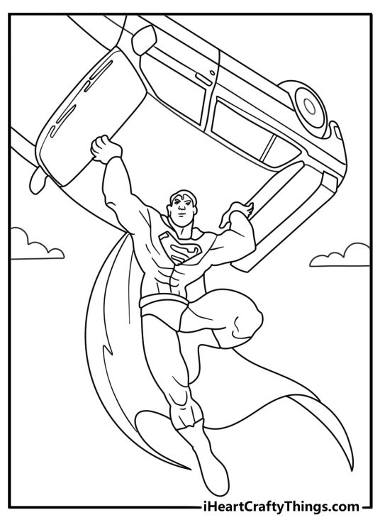 Free Superman printable of the hero lifting a car above his head