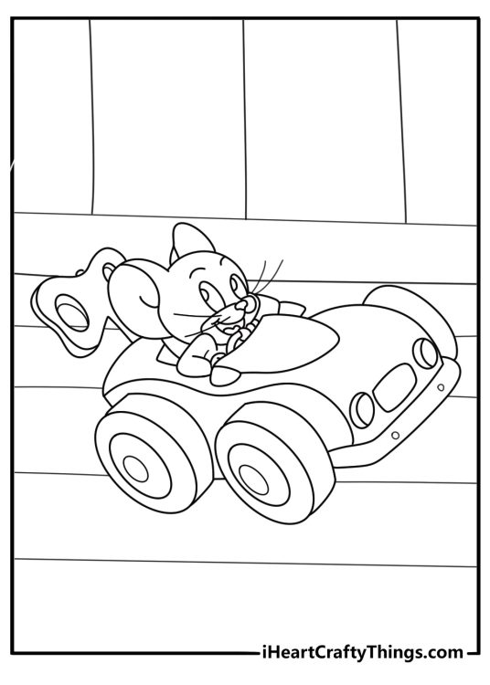 Free Tom and Jerry printable of Jerry riding a toy car across the floor