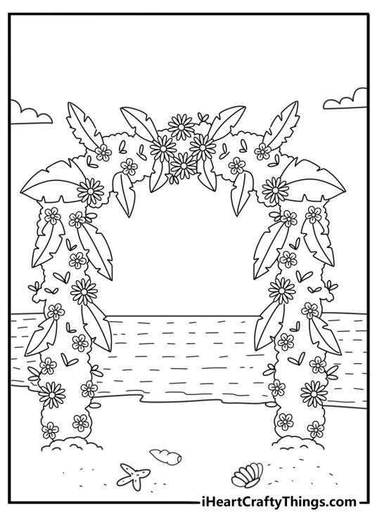 Free Wedding coloring pages coloring page with a flower arch by the beach