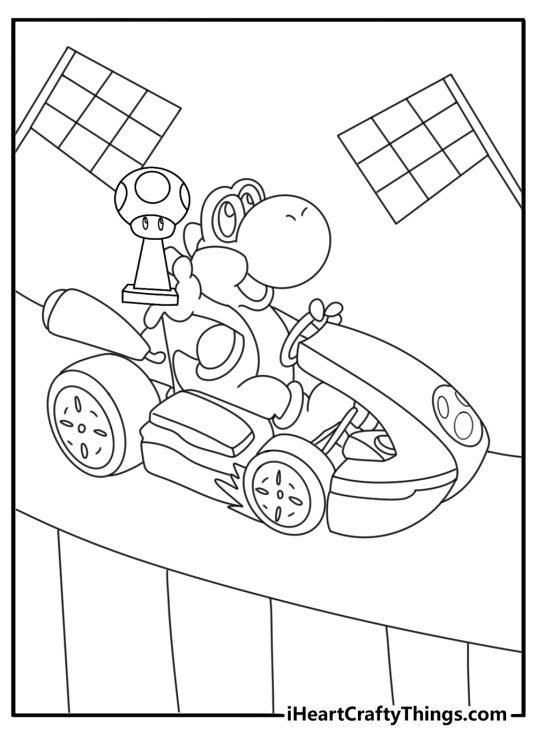 Free Yoshi coloring pages printable featuring a race trophy and checkered flag