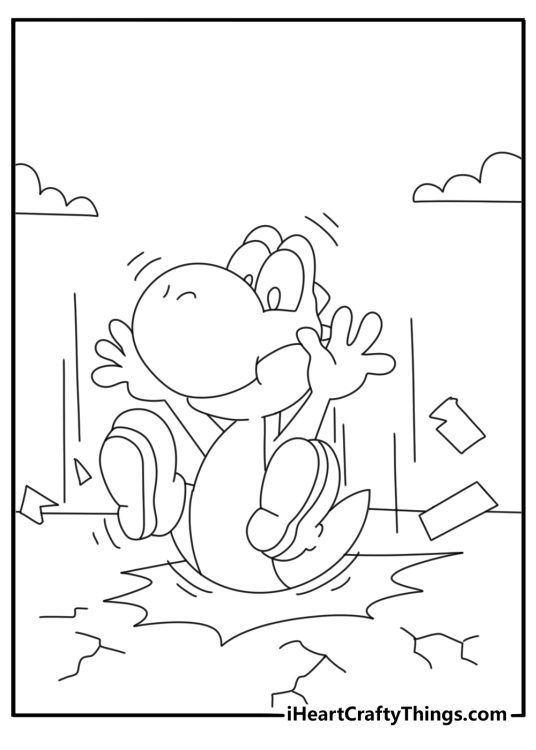 Free Yoshi printable showing a ground pound over cracked blocks
