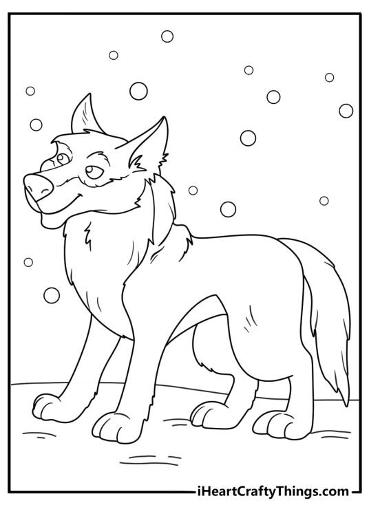 Free black and white drawing depicting wolf pausing on his walk to sniff the air