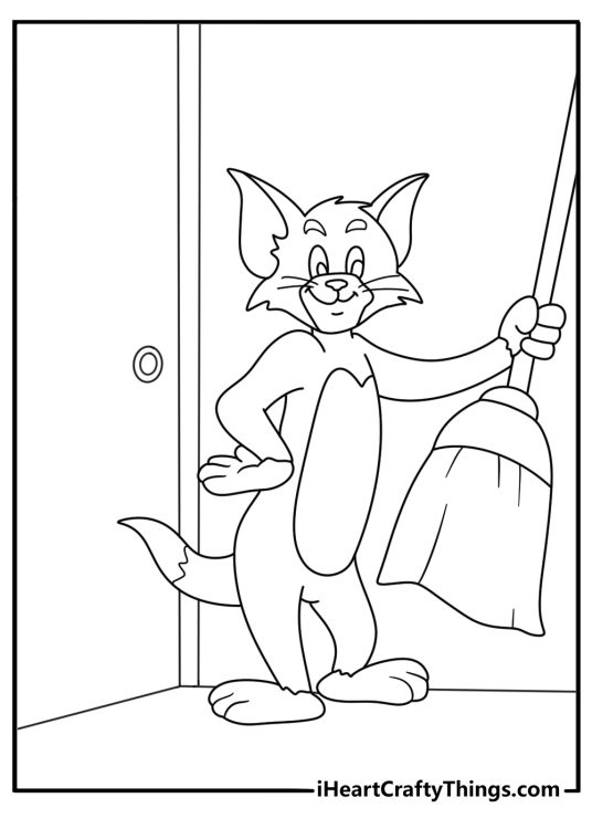 Free coloring page of Tom hiding behind a door with a broom