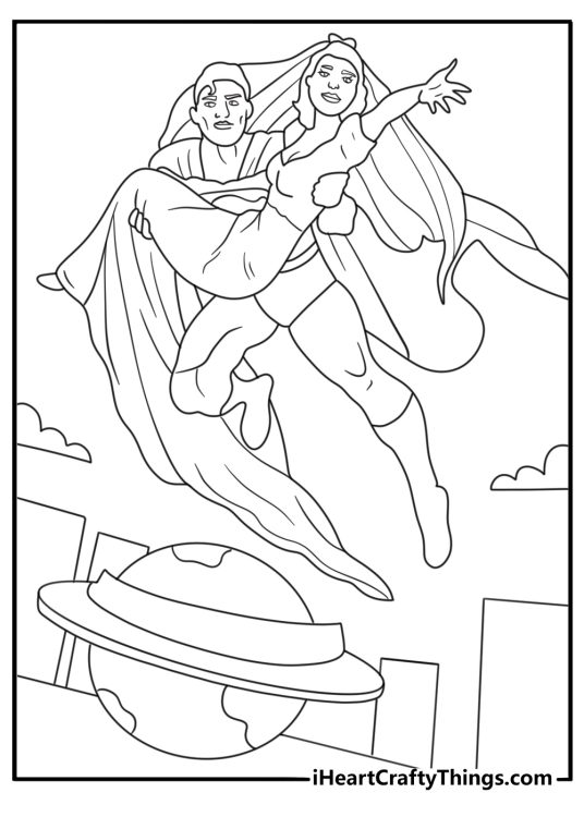 Free coloring sheet of Superman and Lois Lane on a Daily Planet rooftop