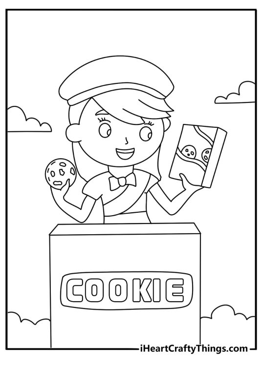 Free cookie coloring pages printable with a girl selling cookie boxes
