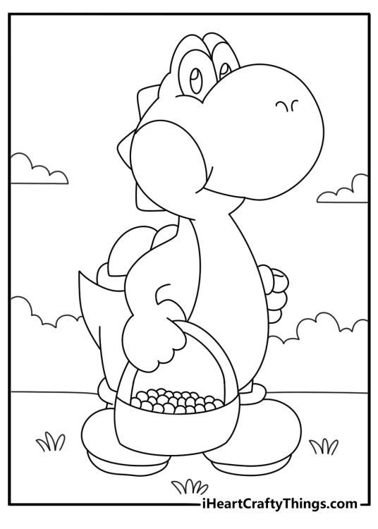 Free game coloring sheet featuring Yoshi carrying a basket of berries