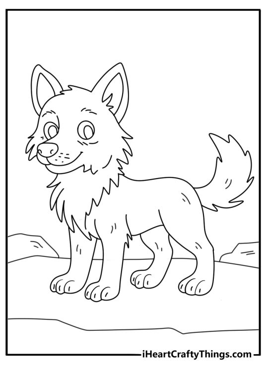 Free page to print and color featuring baby wolf sitting and looking straight ahead with an interest