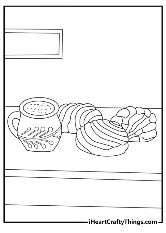 Free printable Cinco De Mayo coloring pages pdf with a fiesta table full of pan dulce