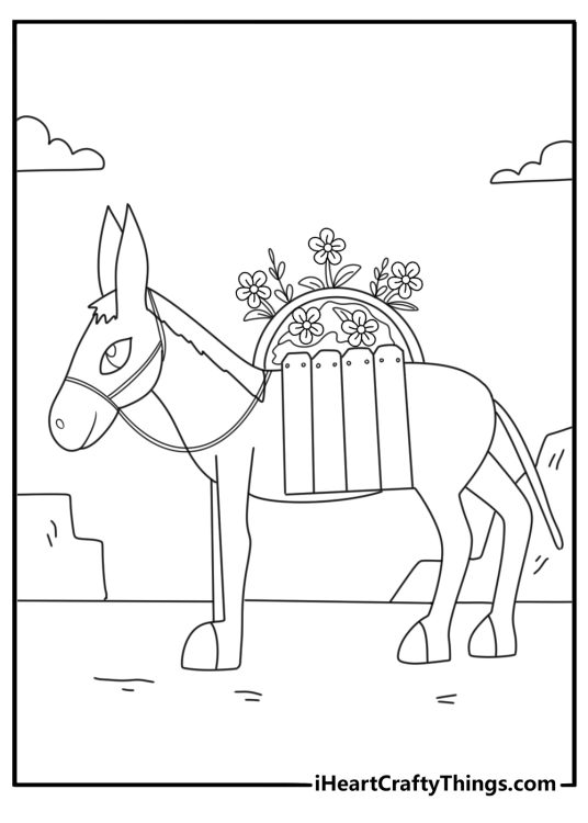 Free printable Cinco De Mayo coloring sheet with a donkey carrying a blanket and flowers