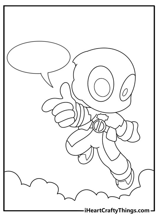 Free printable Deadpool coloring sheet with the antihero pointing at his speech bubble