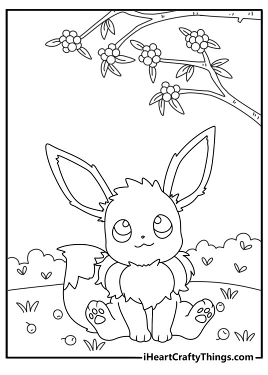 Free printable Eevee coloring sheet with Eevee under a berry tree