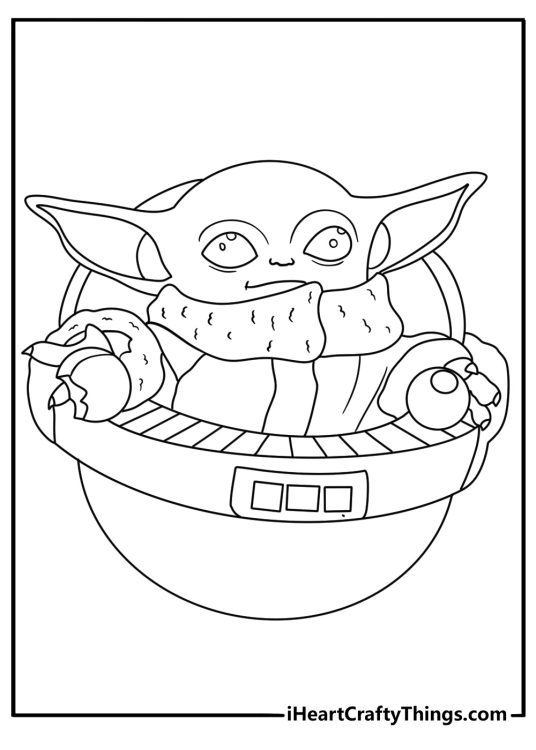 Free printable Grogu sheet showing him holding a metal gear knob