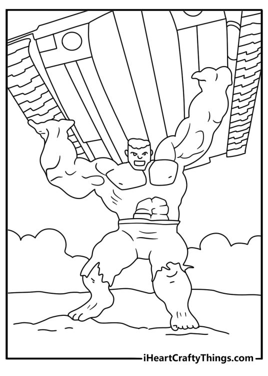 Free printable Hulk coloring page with Hulk lifting a huge tank