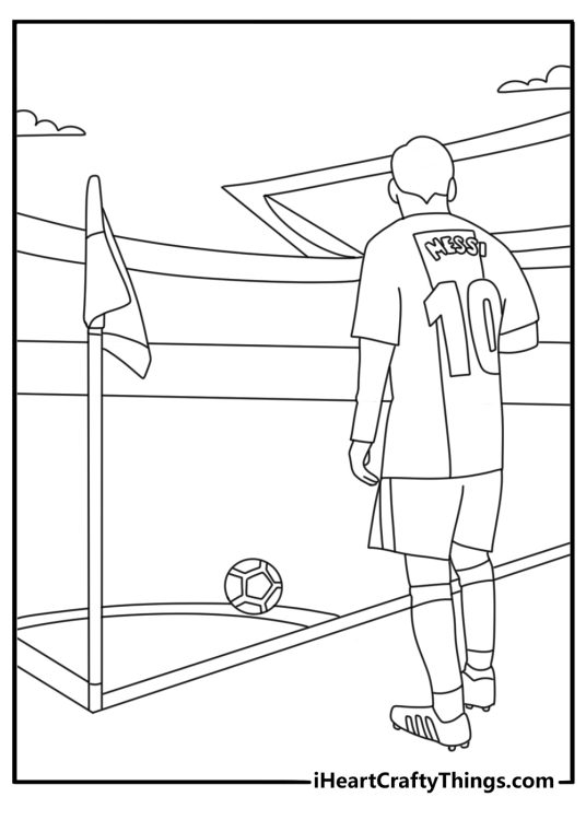Free printable Lionel Messi coloring sheet with Messi standing beside a corner flag