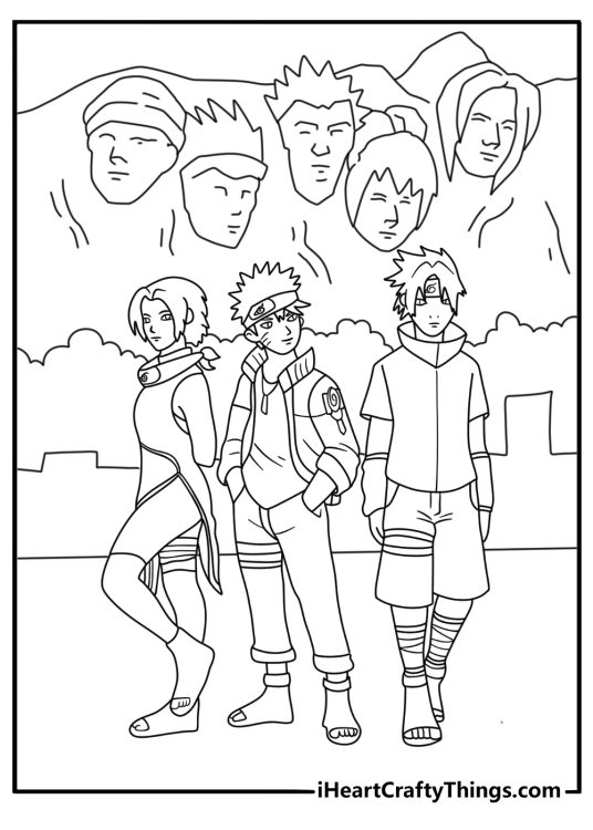 Free printable Naruto coloring sheet with Team 7 standing near the Hokage monument