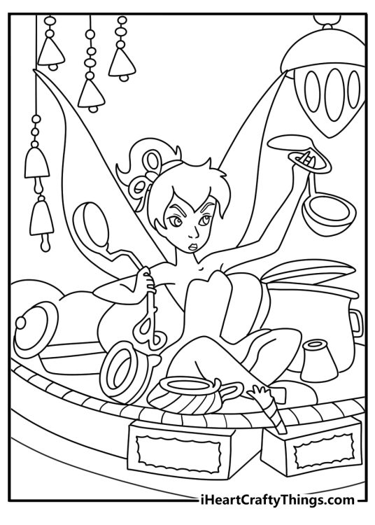 Free printable Tinker Bell sheet showing a fairy workshop inside a tree