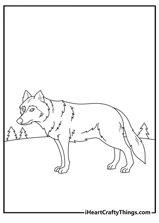 Free printable coloring image for children featuring furry adult wolf on a walk