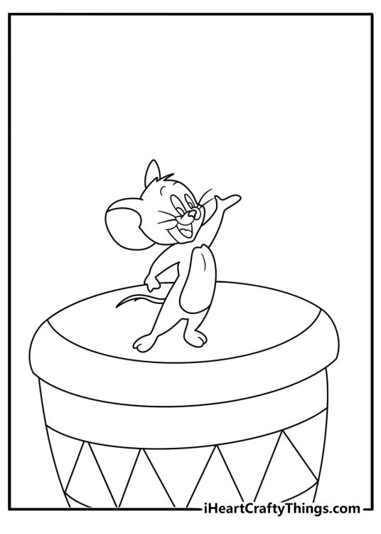 Free printable coloring page of Jerry playing a tiny drum on a table