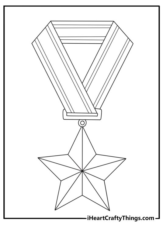 Free printable coloring page of a medal shaped like a star on a ribbon