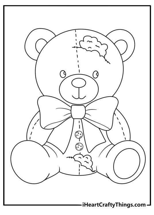 Free printable coloring sheet for kids presenting ragged Teddy Bear with a big bow