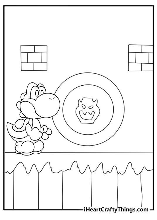 Free printable coloring sheet showing Yoshi near a checkpoint ring