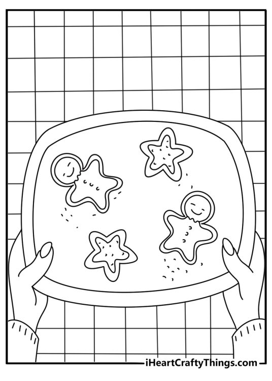 Free printable cookie coloring page with a gingerbread cookie beside icing