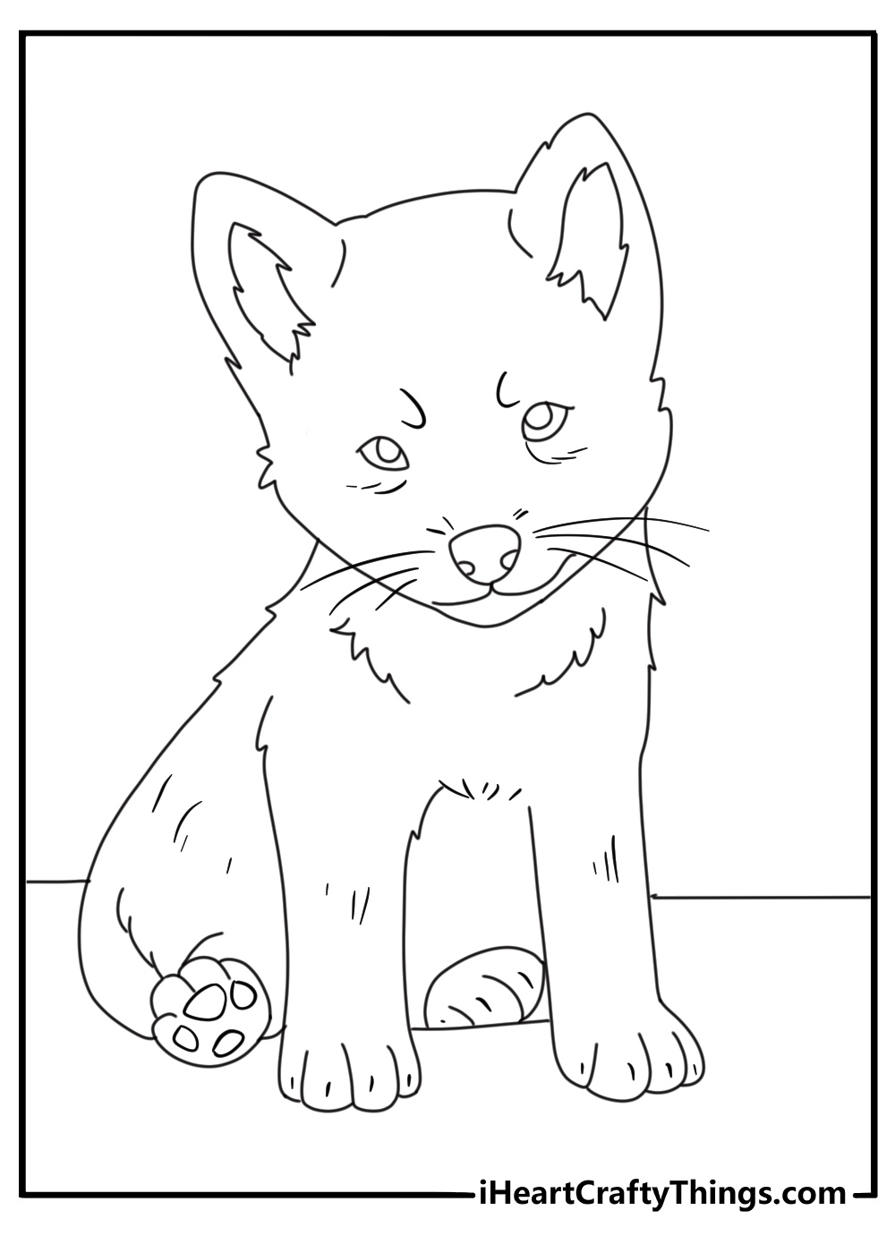 Free printable image to color of an adorable wolf pup sitting and looking straight ahead