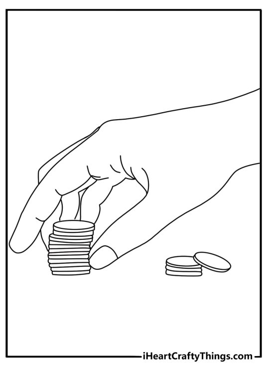 Free printable money coloring pages with a hand counting coins into small stacks