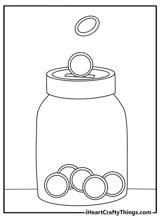 Free printable money coloring pages with coins falling into a savings jar