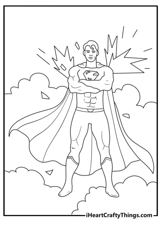 Free printable of Superman blocking a blast with crossed arms